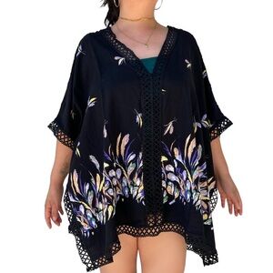 Listicle Boho Feathers Poncho Top / Coverup Black Crochet Trim Size M